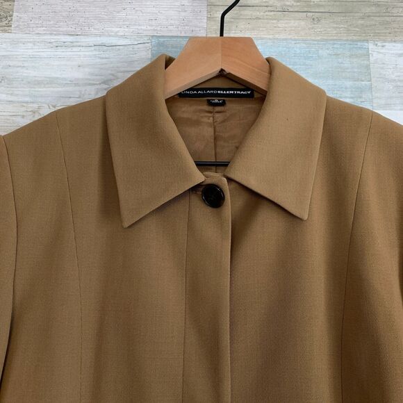 Linda Allard Ellen Tracy Wool Skirt Suit Tan 2 Piece Stretch Career Womens 8 10 - Picture 3 of 12